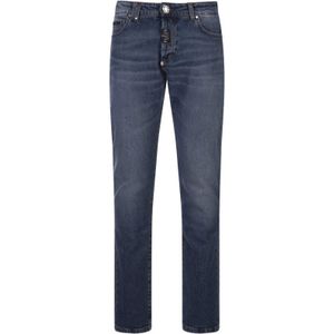 Philipp Plein, Blauwe Stone Washed Denim Jeans Blauw, Heren, Maat:W36