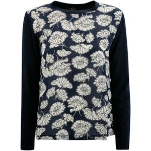 Max Mara Weekend, Tops, Dames, Blauw, XL, Blauwe Top met Zijden Inzet en Lange Mouwen