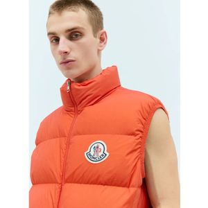 Moncler, Jassen, Heren, Oranje, M, Gewatteerd Down Gilet met Logo Patch