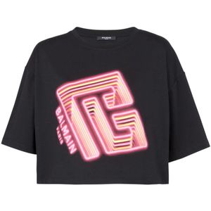 Balmain, Tops, Dames, Zwart, XS, Katoen, Crop T-shirt met neon bedrukt labyrintlogo