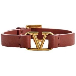 Valentino, Accessoires, Dames, Bruin, ONE Size, Leer, Kameelkleurig Leren Armband met Gouden VLogo Gesp
