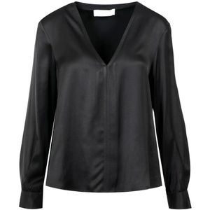 Kaos, Zwarte Satijnen V-Hals Shirt Zwart, Dames, Maat:L