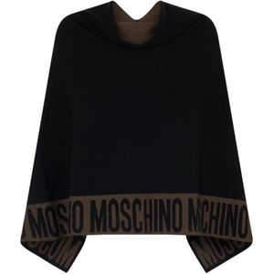 Moschino, Jassen, Dames, Zwart, ONE Size, Wol, Elegant Contrast Logo Poncho