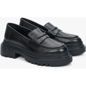 Estro, Schoenen, Dames, Zwart, 40 EU, Leer, Dames Zwarte Leren Chunky Platform Loafers Er 00110029