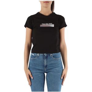 Calvin Klein Jeans, Tops, Dames, Zwart, S, Katoen, Logo Print Cropped Stretch Cotton T-shirt