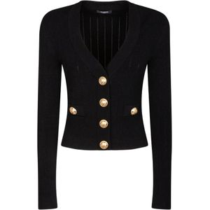 Balmain, Truien, Dames, Zwart, S, Polyester, Zwarte Cardigan met Gouden Knopen