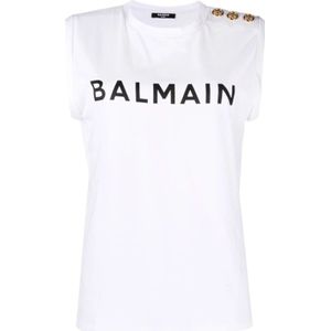 Balmain, Tops, Dames, Wit, S, Katoen, Logo Print Mouwloze Top