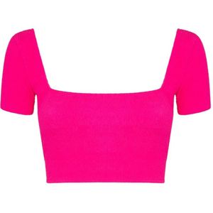 Me-Fui, Blouses & Shirts, Dames, Roze, S, Polyester, Geëmbosseerde Fuchsia Crop Top met Open Rug