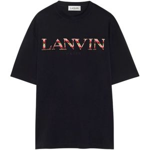 Lanvin, Tops, Heren, Zwart, M, Katoen, Zwart Katoenen Jersey T-shirt met Geborduurd Logo