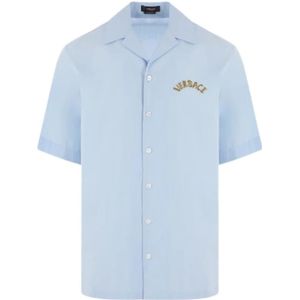 Versace, Overhemden, Heren, Blauw, L, Katoen, Blauw Bowling Overhemd met Logo Borduursel