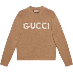 Gucci, Truien, Heren, Bruin, L, Wol, Intarsia-gebreide logo wollen trui