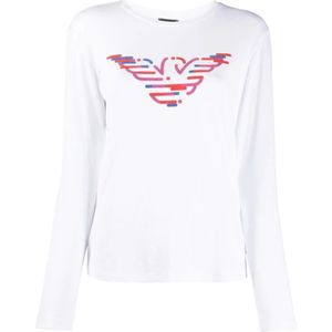 Emporio Armani, Tops, Dames, Wit, S, Katoen, Sportieve longsleeve T-shirt met ronde hals en maxi logo