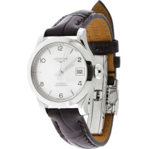 Longines, Accessoires, Dames, Wit, ONE Size, Automatisch Zilverkleurige Wijzerplaat Leren Band Horloge