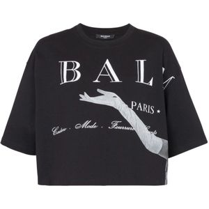 Balmain, Tops, Dames, Zwart, S, Katoen, Crop T-shirt met Jolie Madame print