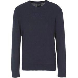 Armani Exchange, Sweatshirts & Hoodies, Heren, Blauw, S, Katoen, Blauwe Truien met Geribbelde Afwerking en Logo