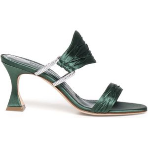 Manolo Blahnik, Groene Satijnen Muiltjes Sandalen met Kristallen Gespen Groen, Dames, Maat:40 EU