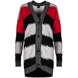 Pinko, Truien, Dames, Rood, M, Wol, Lange Cardigan met V-hals en Versleten Randen