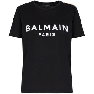 Balmain, Tops, Dames, Zwart, S, Katoen, Wit Logo Print Crew Neck T-Shirt