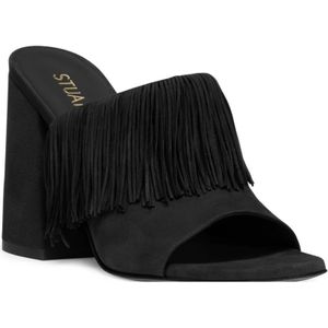 Stuart Weitzman, Schoenen, Dames, Zwart, 38 EU, Suède, Opvallende Fringe Slide Sandaal