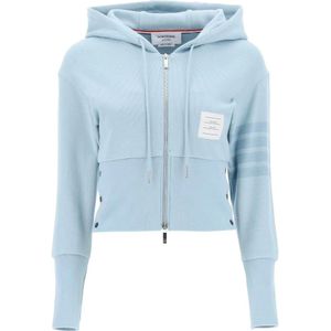 Thom Browne, Gebreide Cropped Hoodie met 4 Bar Blauw, Dames, Maat:M