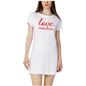 Love Moschino, Kleedjes, Dames, Wit, L, Katoen, Witte Print Jurk Korte Mouwen