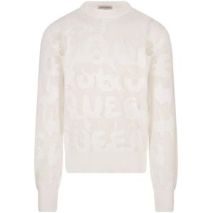 Alexander McQueen, Truien, Heren, Wit, S, Katoen, Witte Crew-Neck Sweater met Graffiti Patroon