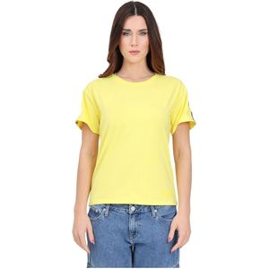 Moschino, Gele Logo T-shirt met Geribbelde Ronde Hals Geel, Dames, Maat:L