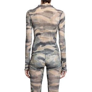 Knwls, Tops, Dames, Veelkleurig, S, Donkere Camo Mesh Gerimpelde Boothals Top