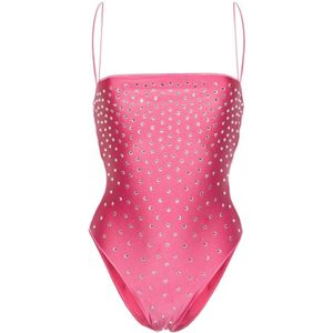 Oseree, Badkleding, Dames, Roze, M, Flamingo Pink Rhinestone Maillot Badpak