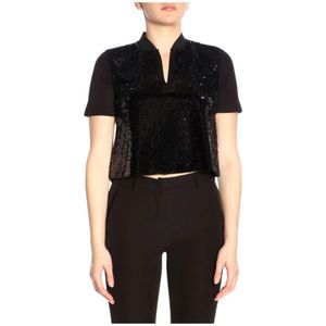 Emporio Armani, Korte Mouw Pailletten Blouse voor Dames Zwart, Dames, Maat:S