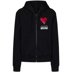 Moschino, Zwarte zip-up hoodie met hartprint Zwart, Dames, Maat:S