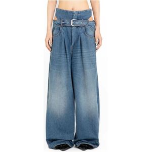 Ssheena, Jeans, Dames, Blauw, W28, Katoen, Hoge taille wijde pijp cut-out jeans