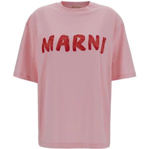 Marni, Tops, Dames, Roze, S, Katoen, Roze T-shirt met Logo Print