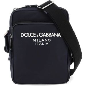 Dolce & Gabbana, Tassen, Heren, Blauw, ONE Size, Nylon, Rubberen Logo Nylon Schoudertas