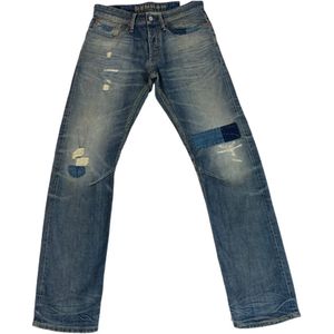 Denham, Destroyed Straight Fit Donkerblauwe Jeans met Knoopsluiting Blauw, Heren, Maat:W33 L32