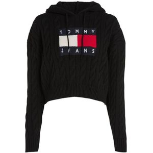 Tommy Jeans, Gebreide hoodie - Noir Collectie Zwart, Dames, Maat:L