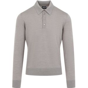 Giorgio Armani, Tops, Heren, Grijs, M, Wol, Grijze Wol Polo Kraag Sweater