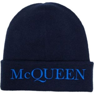 Alexander McQueen, Accessoires, Heren, Blauw, M, Blauwe Hoed met Geborduurd Logo