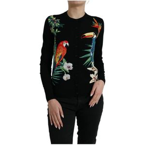 Dolce & Gabbana, Truien, Dames, Veelkleurig, L, Wol, Vogelprint Wol-Zijde Cardigan Sweater