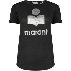Isabel Marant Étoile, Tops, Dames, Zwart, S, Linnen, Linnen T-shirt met Logo Print
