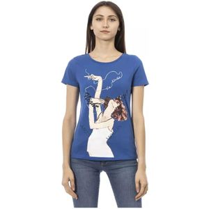Trussardi, Blauw Katoenen T-shirt met Korte Mouwen en Voorkant Print Blauw, Dames, Maat:XL