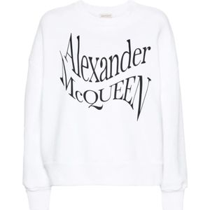 Alexander McQueen, Sweatshirts & Hoodies, Dames, Wit, S, Katoen, Witte Crewneck Sweatshirt met Logo Print