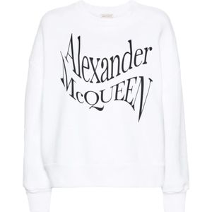 Alexander McQueen, Sweatshirts & Hoodies, Dames, Wit, XS, Katoen, Witte Crewneck Sweatshirt met Logo Print
