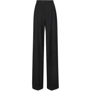 Dolce & Gabbana, Broeken, Dames, Zwart, S, Wol, Zwarte Pinstripe Broek met Logo Plaque