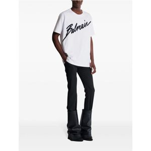 Balmain, Tops, Heren, Wit, XL, Katoen, Wit Katoenen T-shirt met Bedrukt Logo