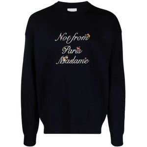 Drole de Monsieur, Sweatshirts & Hoodies, Heren, Blauw, S, Wol, Blauwe Sweaters met Bloemen Slogan
