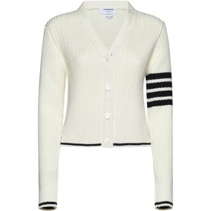Thom Browne, Truien, Dames, Wit, S, Wol, Witte Baby Cable Sweater met Strepen