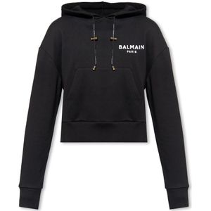 Balmain, Sweatshirts & Hoodies, Dames, Zwart, M, Katoen, Cropped hoodie met logo