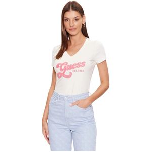 Guess, Logo Signature Stretch T-Shirt Wit, Dames, Maat:S