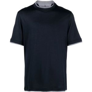 Brunello Cucinelli, Tops, Heren, Blauw, M, Katoen, Blauwe Zijde-Katoen Blend T-shirts en Polos